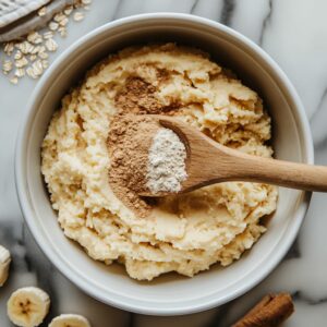 Mixing oat flour and protein powder into banana and yogurt mixture to form healthy cinnamon roll dough