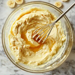 Mixing eggs, Greek yogurt, honey, and vanilla into mashed bananas