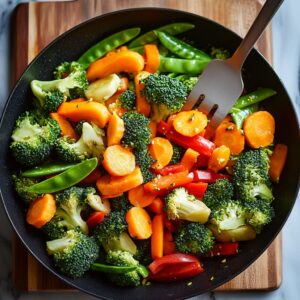 Fresh mixed vegetables stir-frying in a skillet for a clean eating chicken stir fry.