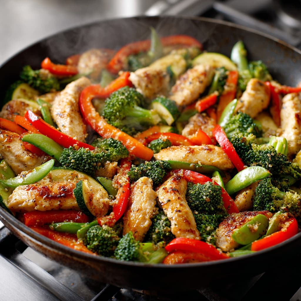Cooked chicken and vegetables in a skillet with stir fry sauce being poured over the mixture.