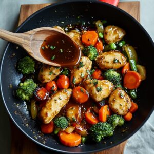 Chicken and vegetables in a skillet with soy-based sauce being poured in for stir fry.