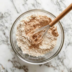 Whisking oat flour, protein powder, baking soda, cinnamon, and salt in a bowl