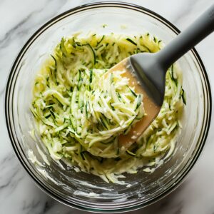 Folding shredded zucchini into the wet ingredients.
