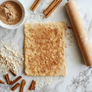 Banana bread dough rolled into a rectangle on a floured surface ready for filling