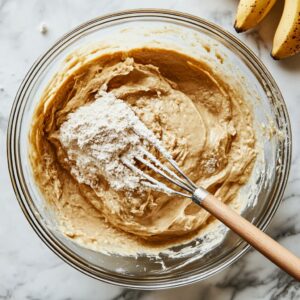 Folding dry ingredients into banana bread batter until smooth