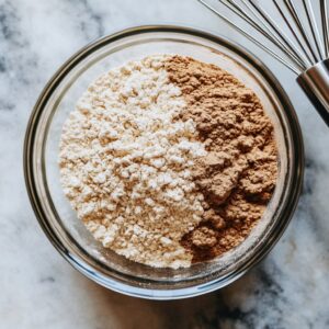 A mixing bowl displays oat flour, protein powder, baking soda, baking powder, cinnamon, nutmeg, and salt before being stirred. A whisk lies next to the bowl.