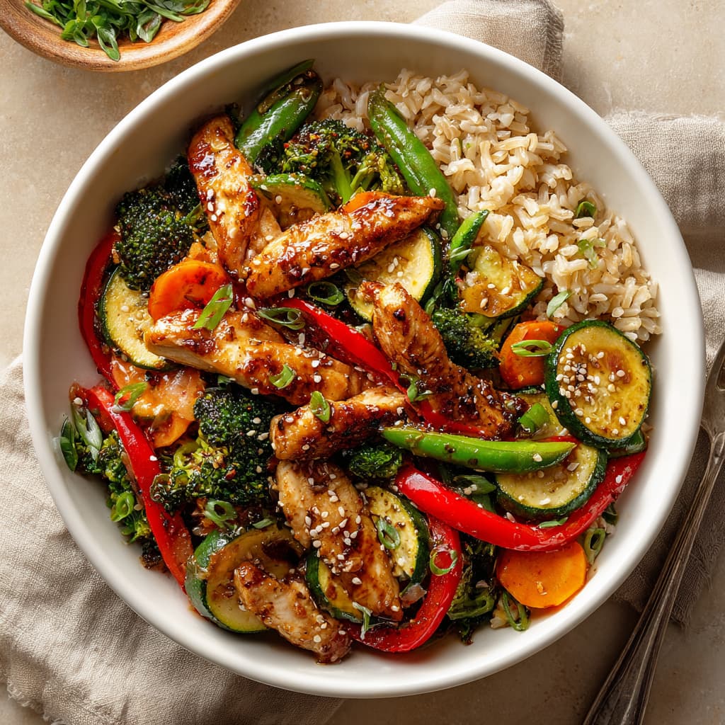 Serving a bowl of healthy chicken stir fry with vegetables straight from the skillet.