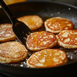 Cooking Greek yogurt protein pancakes on a skillet with bubbles forming on top