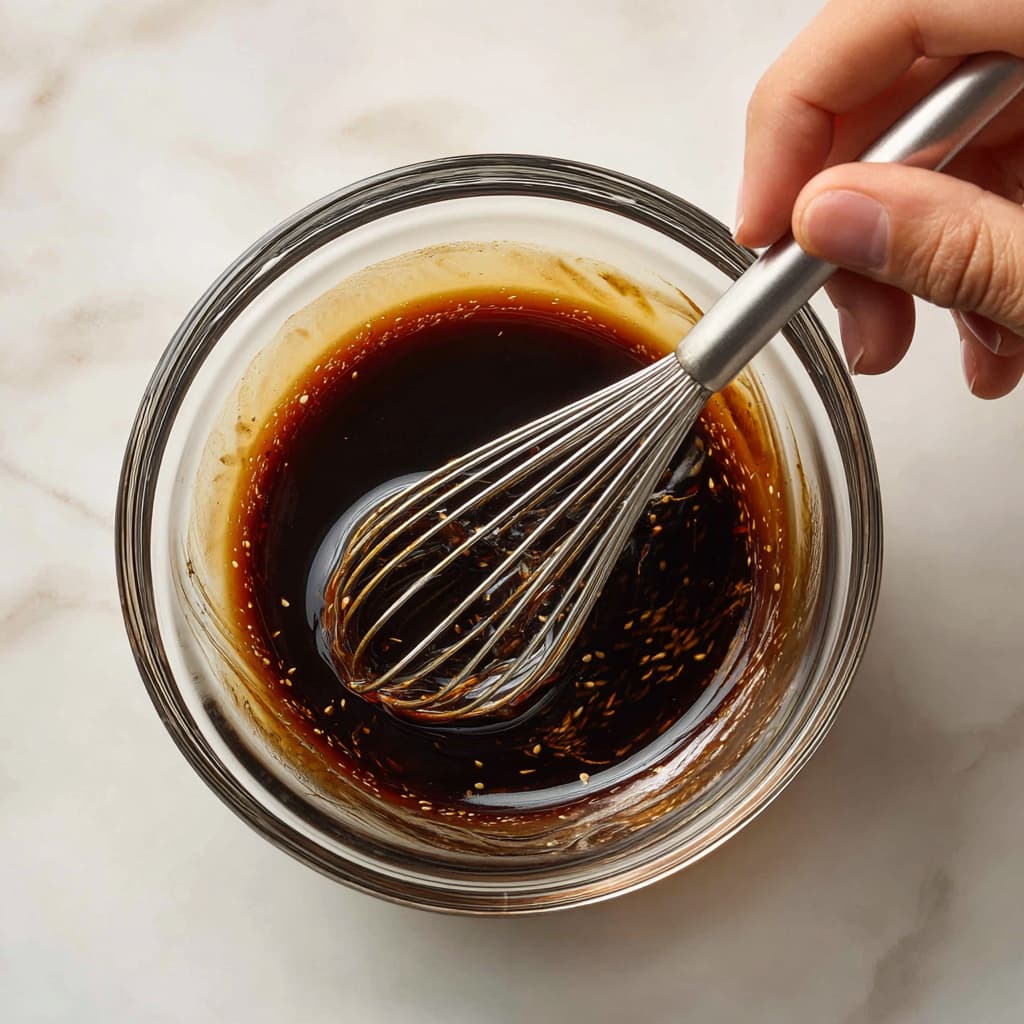 A small glass bowl on a marble surface filled with glossy stir fry sauce made from soy sauce, vinegar, honey, sesame oil, and cornstarch, with a hand whisking the mixture until smooth.
