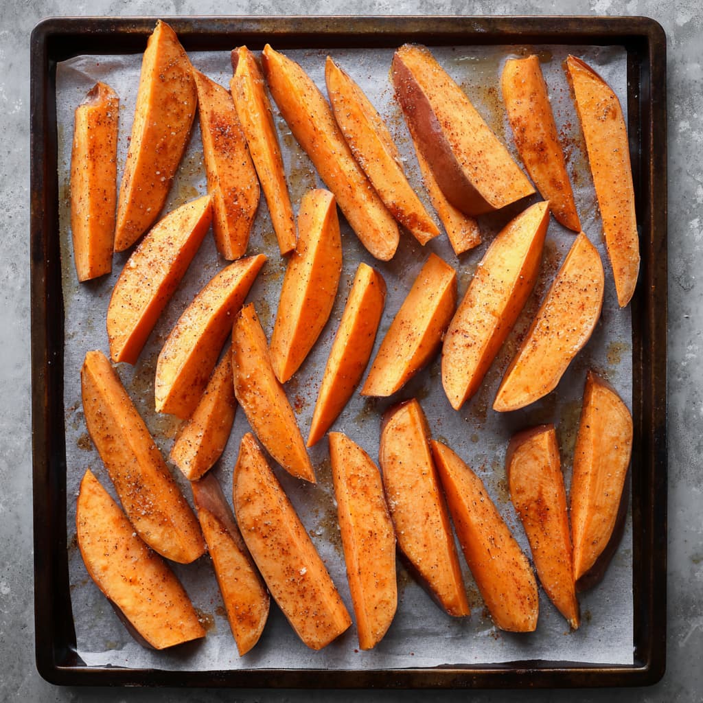 Raw seasoned sweet potato wedges spaced on a parchment-lined baking tray before roasting, coated with paprika, garlic powder, salt and pepper