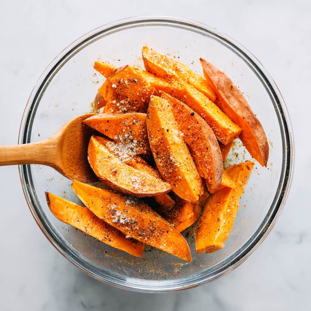 Raw sweet potato wedges tossed in olive oil, paprika, garlic powder in a bowl, ready for roasting on a lined baking tray