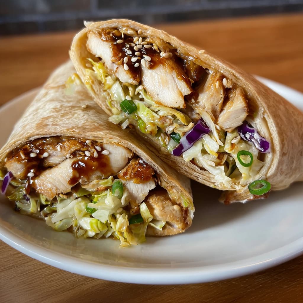 Teriyaki chicken protein wrap sliced in half and filled with juicy chicken, cabbage slaw, green onions, and sesame seeds.