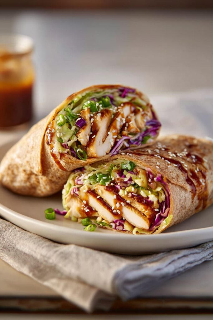Teriyaki chicken wrap sliced in half with shredded cabbage, green onions, and sesame seeds on a plate.