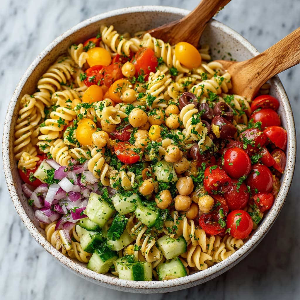Mixing vegan pasta salad with chickpeas, vegetables, parsley, and dressing in a large bowl.