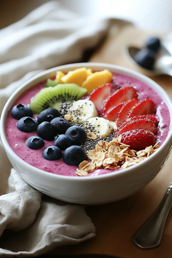Tropical berry protein smoothie bowl topped with kiwi, berries, granola, chia seeds, and coconut, served in a white bowl.