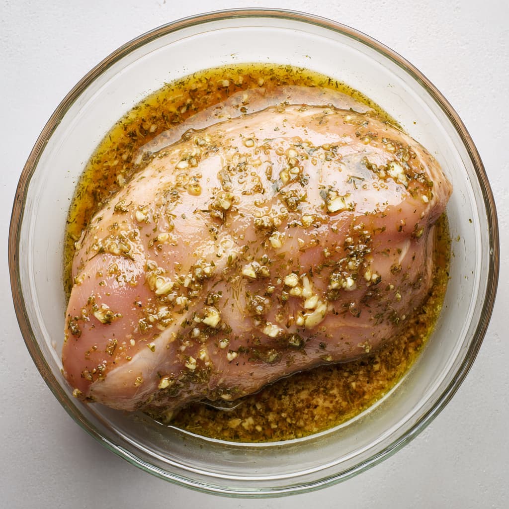 Turkey breast coated in lemon garlic herb marinade before cooking