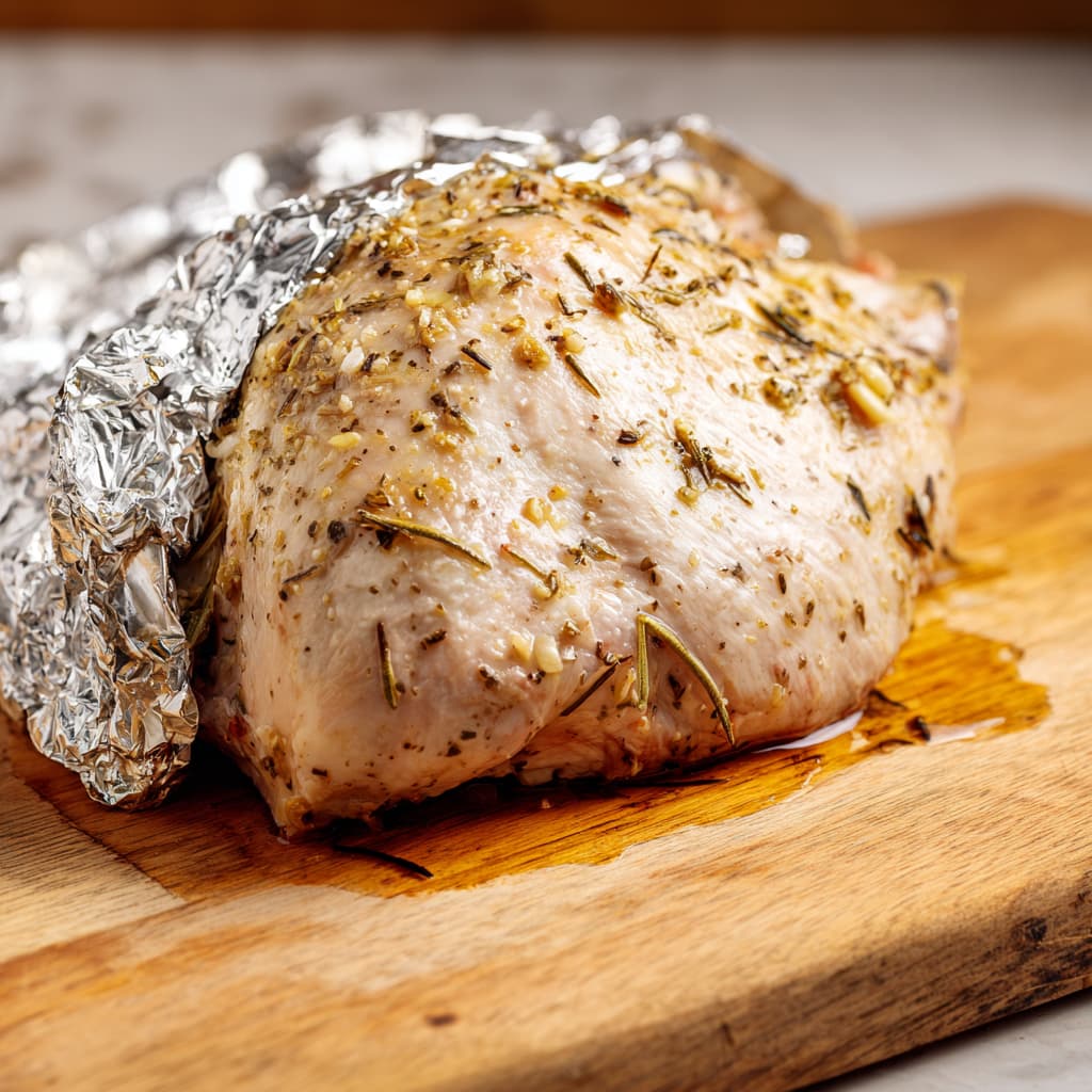 Cooked turkey breast resting on a wooden cutting board loosely covered with foil. Juices visible on the surface, warm natural light, minimal props, realistic food photography