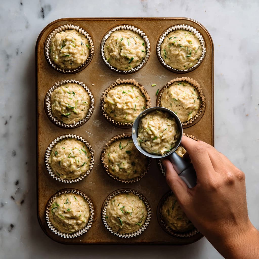 Filling muffin tin with zucchini protein muffin batter using a cookie scoop
