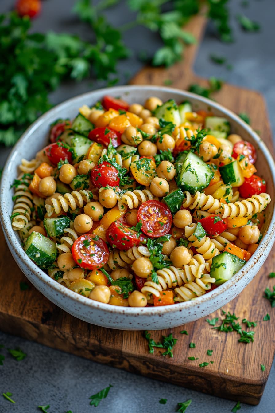 Vegan pasta salad with chickpeas, colorful vegetables, and lemon herb dressing in a white bowl.