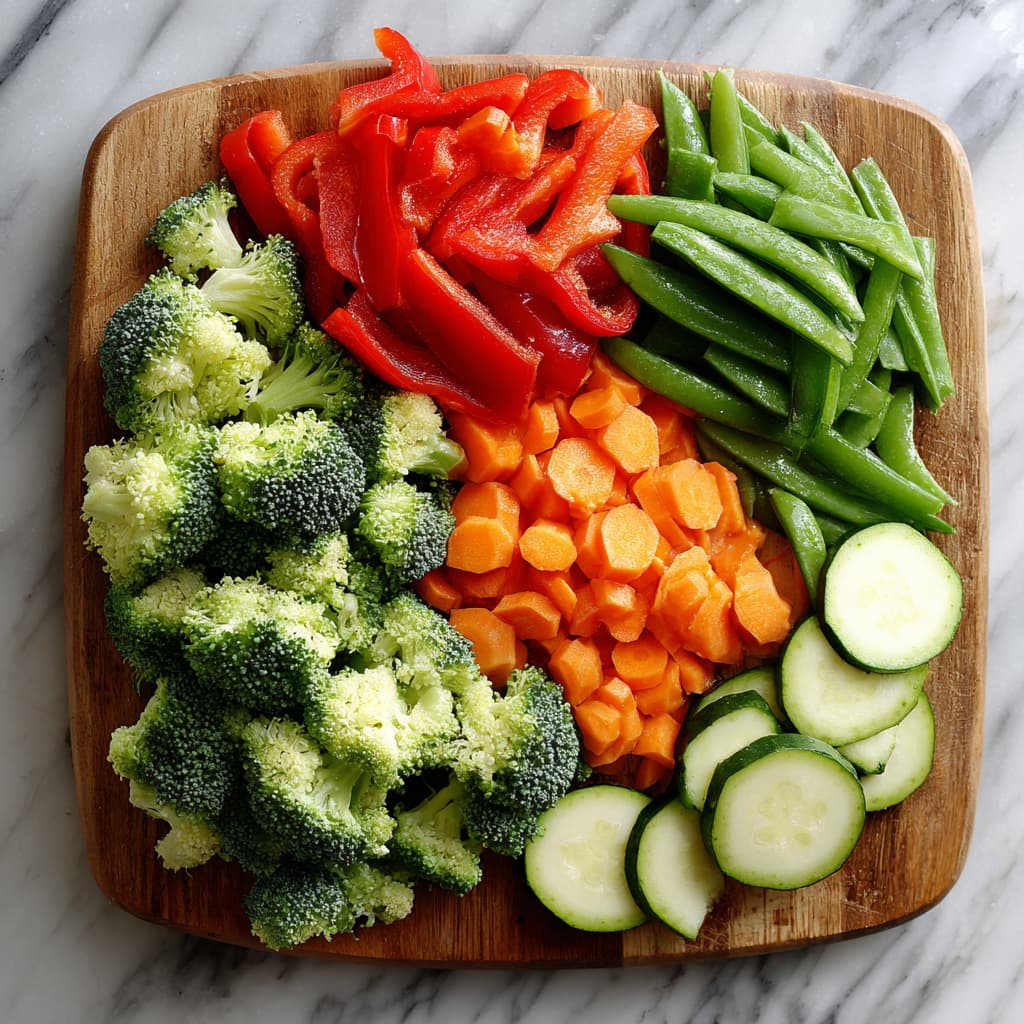 Chopped and sliced vegetables on a wooden cutting board, including broccoli florets, red pepper strips, zucchini slices, carrot rounds, snap peas, garlic, and ginger.