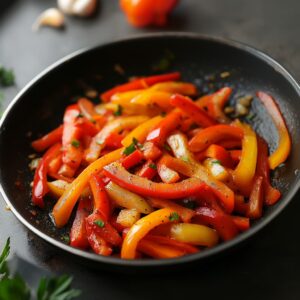 Red bell peppers and carrots being tossed in a hot pan with minced garlic and ginger.
