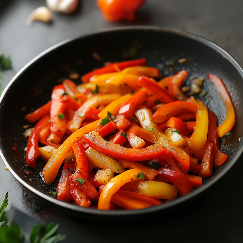 Red bell peppers and carrots being tossed in a hot pan with minced garlic and ginger.