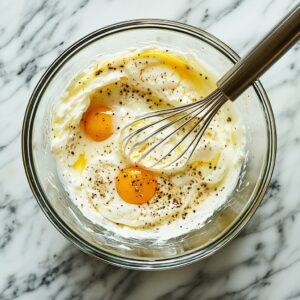 Whisking eggs, egg whites, almond milk, and spices for high-protein casserole base.