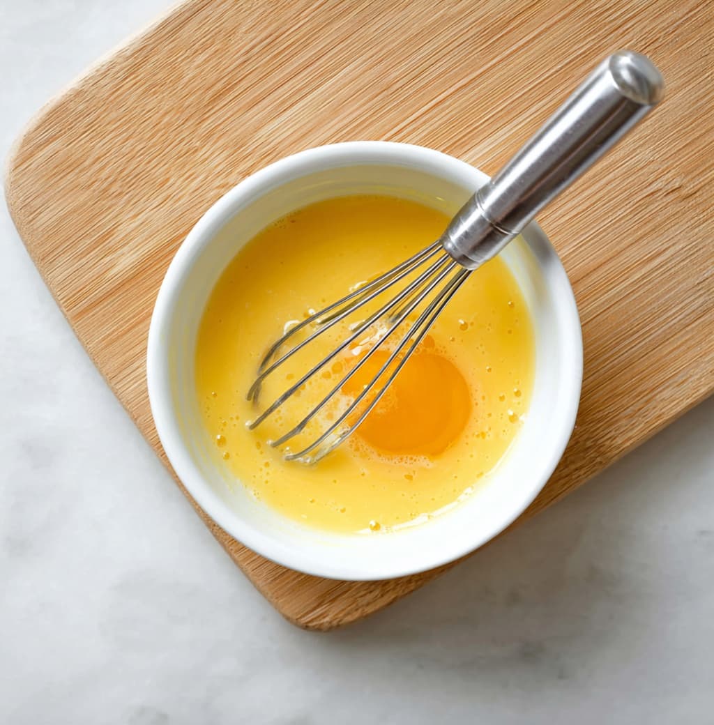 Overhead view of whisked eggs in a small white bowl.