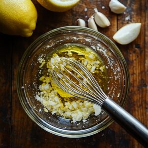 Lemon juice, olive oil, Dijon mustard, and garlic being whisked together in a small glass bowl on a wooden surface.