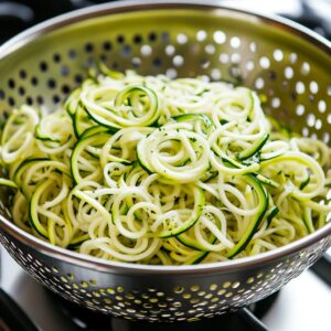 Spiralized zucchini noodles draining in a colander to remove excess moisture before cooking.