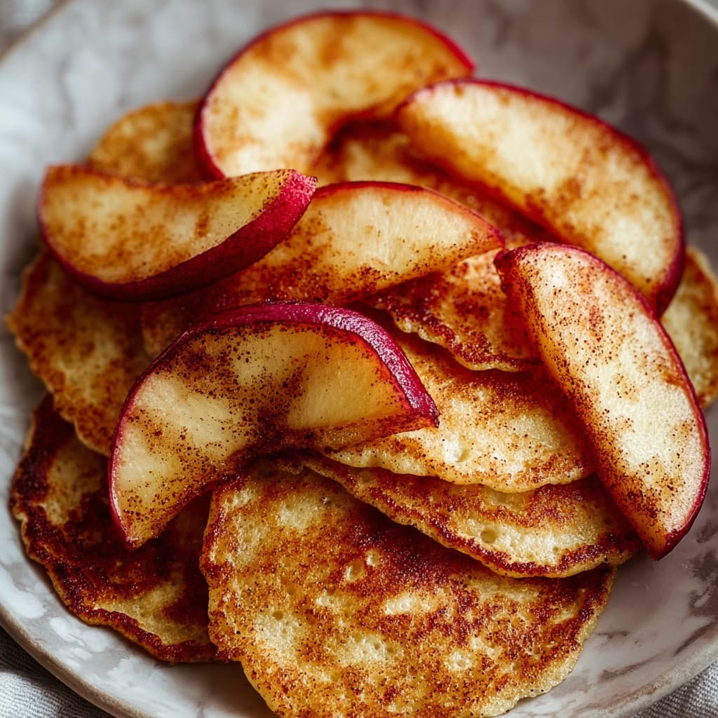 Stack of protein pancakes topped with warm cinnamon air fryer apples