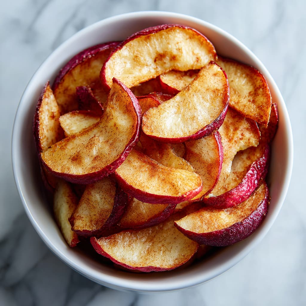 Bowl of air-fried cinnamon apples with red skins still visible, caramelized and glossy with tender golden flesh