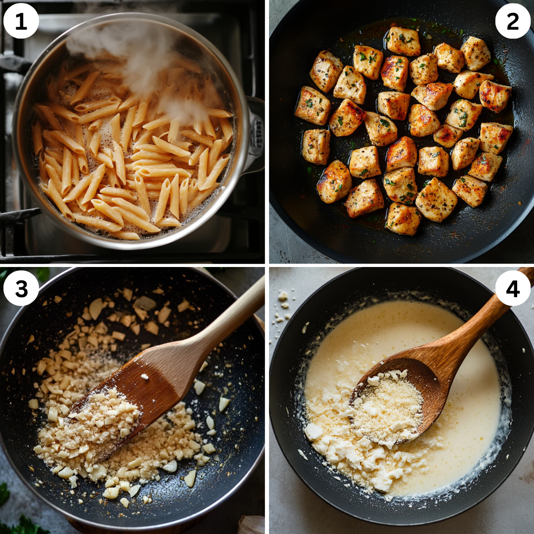 Healthy garlic parmesan chicken pasta with creamy sauce and tender chicken pieces.