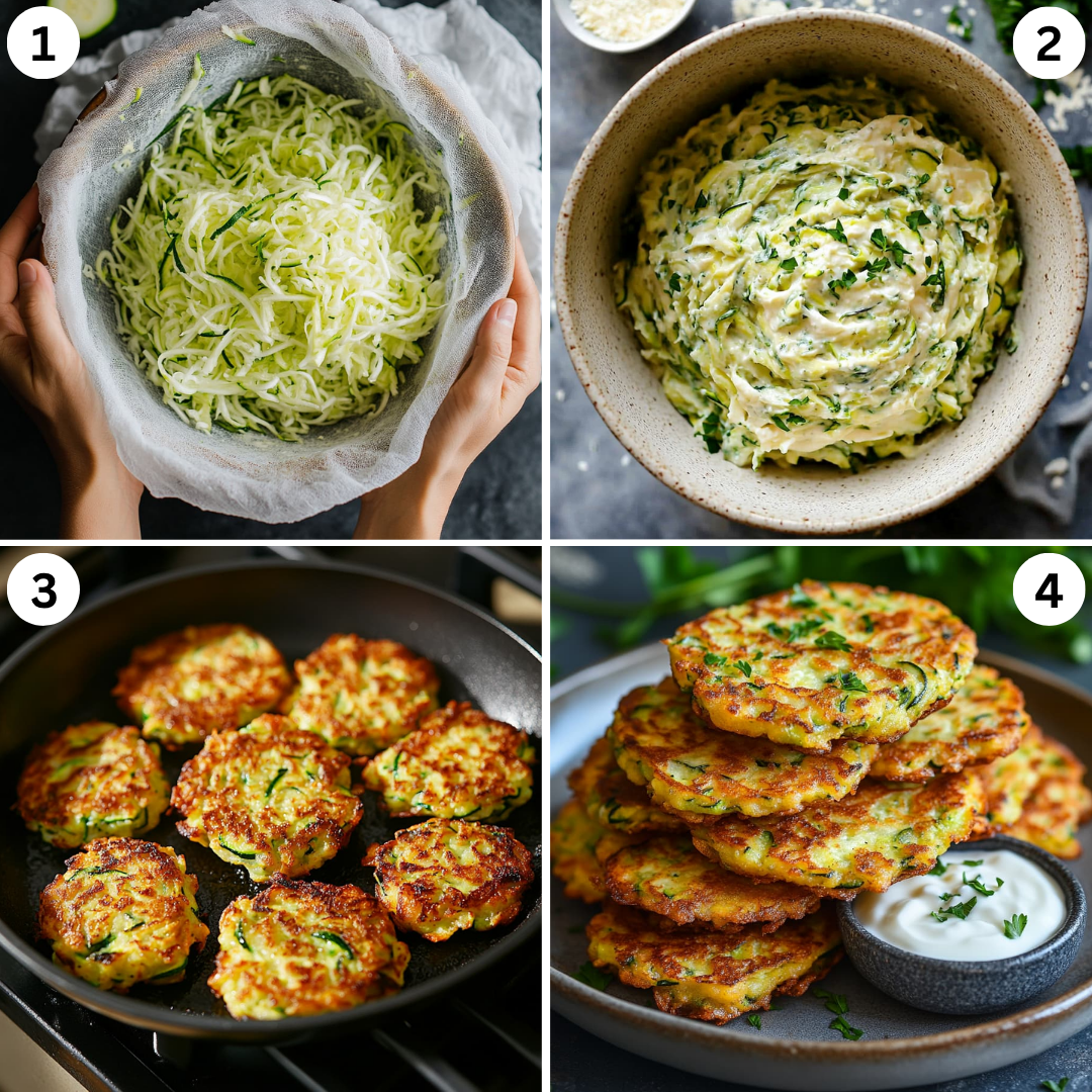 Step-by-step collage showing how to make healthy zucchini fritters, from grating zucchini, pan-frying golden fritters to serving them on a plate.