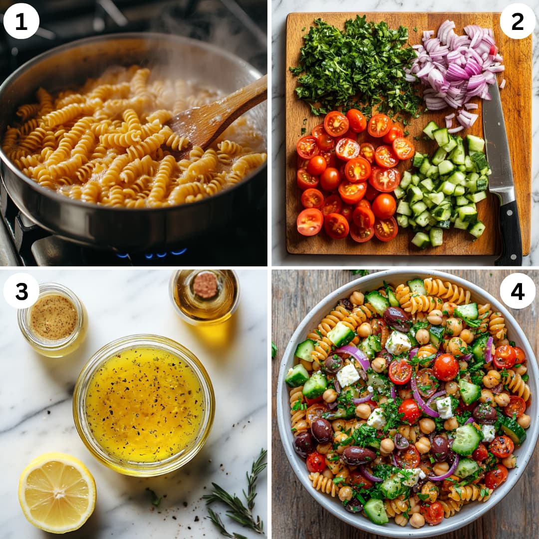Step-by-step collage showing how to make Mediterranean chickpea pasta salad with chopped vegetables, cooked chickpea pasta, lemon herb vinaigrette, and final plated salad.