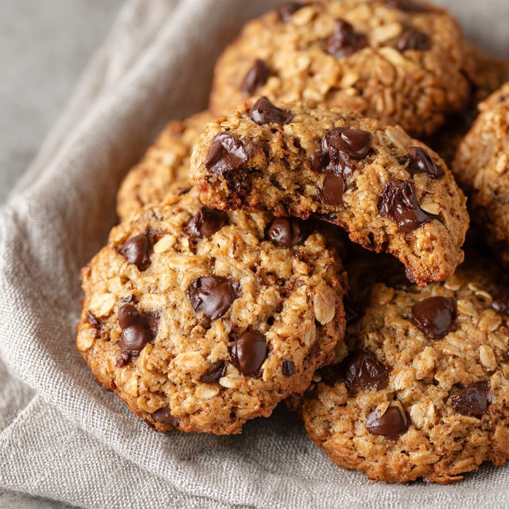 Close-up shot of a single cookie broken in half, revealing a gooey, moist interior with oats and chocolate chips.