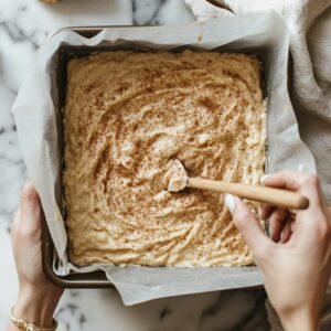 Sprinkling cinnamon sugar topping on protein bar batter.
