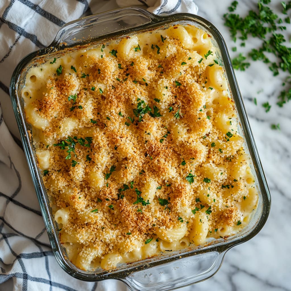 Healthy High Protein Baked Mac and Cheese with golden topping and creamy sauce