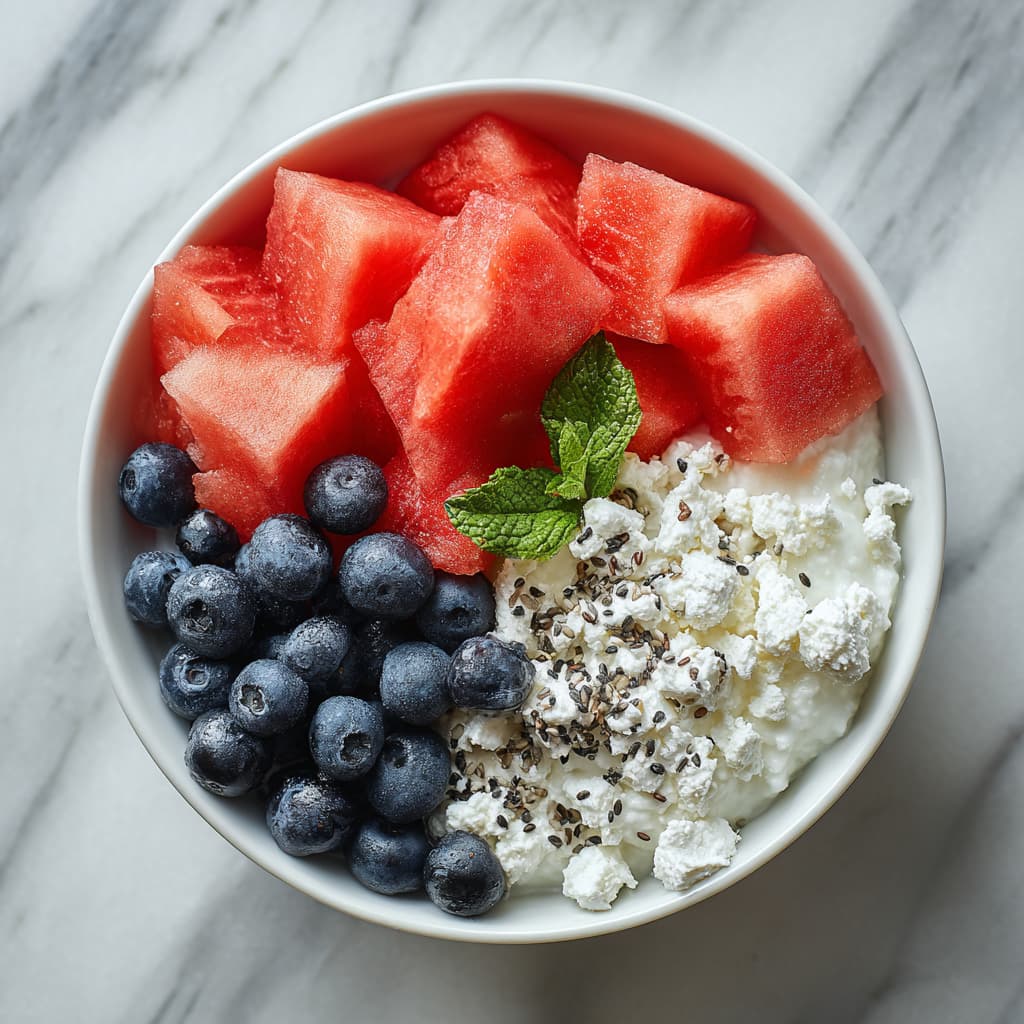 Chia seeds are being sprinkled from a spoon onto the top of the watermelon and cottage cheese mix. Sliced almonds are scattered over the bowl, adding crunch and texture.