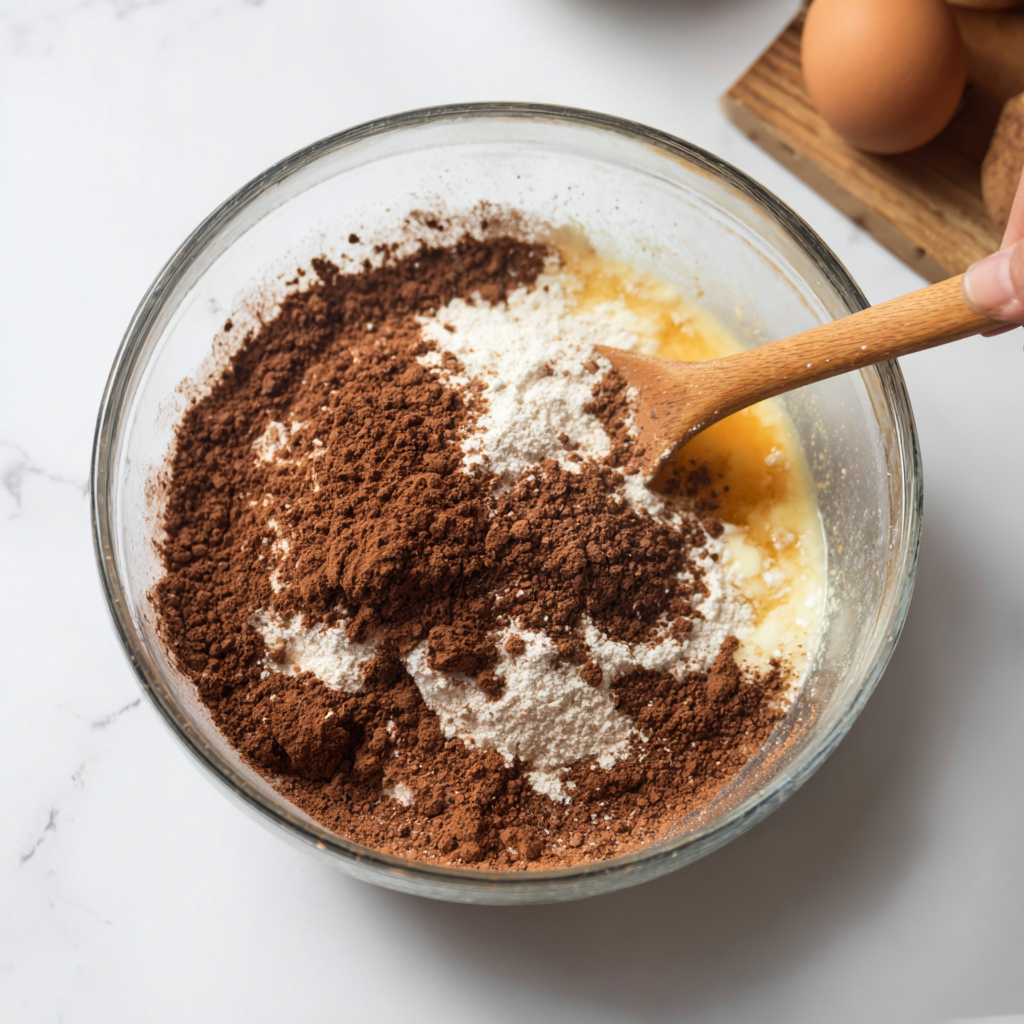 Adding cocoa powder and oat flour into wet banana brownie mixture