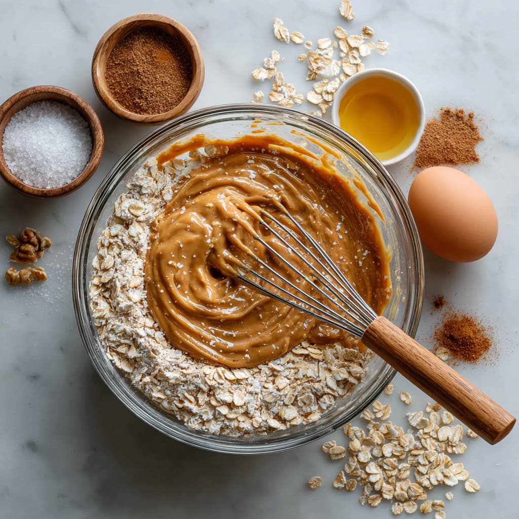 Adding oats and cinnamon to peanut butter cookie mixture in mixing bowl