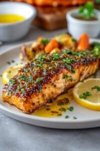 Air fryer honey mustard salmon fillet glazed with Dijon and honey, garnished with parsley and served with lemon wedges.