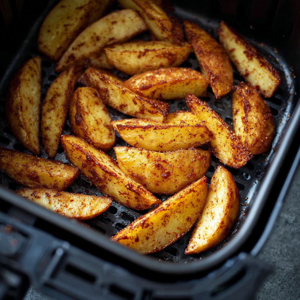 Seasoned apple wedges arranged in a single layer in the air fryer basket