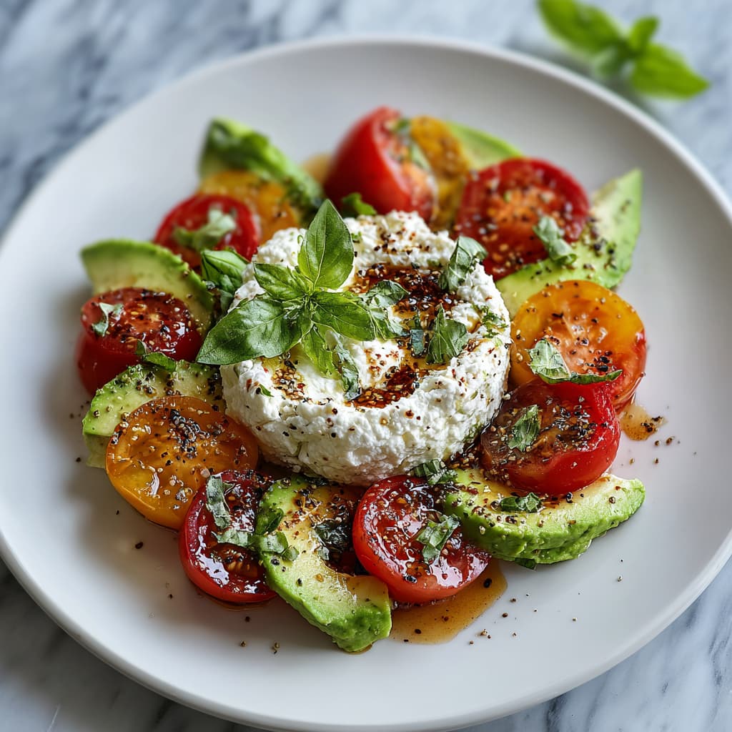 Salad being assembled with tomatoes, avocado, and basil around cottage cheese.