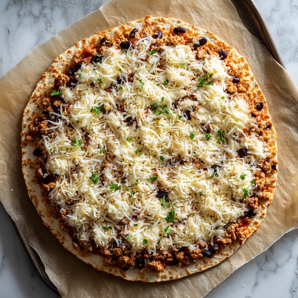 Whole grain flatbread taco pizza assembled with salsa, ground turkey, black beans, and shredded cheese