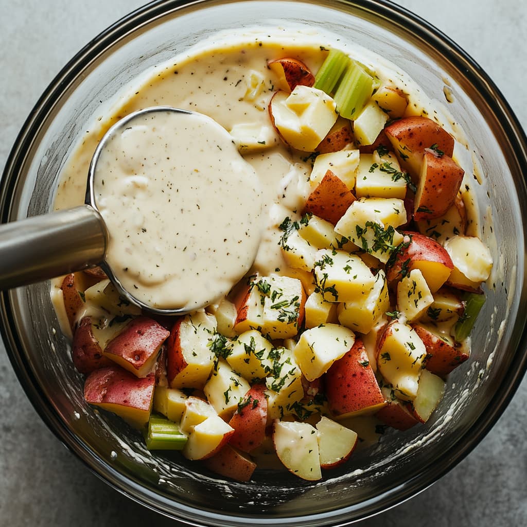 Potatoes, eggs, and vegetables in a bowl with dressing being poured on top.