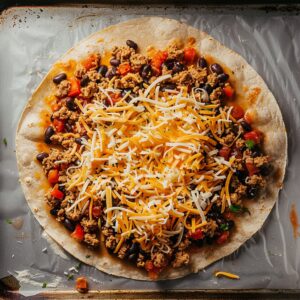 Tortilla taco pizza being assembled with salsa, ground turkey, black beans, and cheese spread to the edges.
