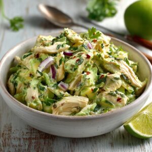 Avocado chicken salad with shredded chicken, creamy dressing, celery, red onion, and herbs in a white bowl