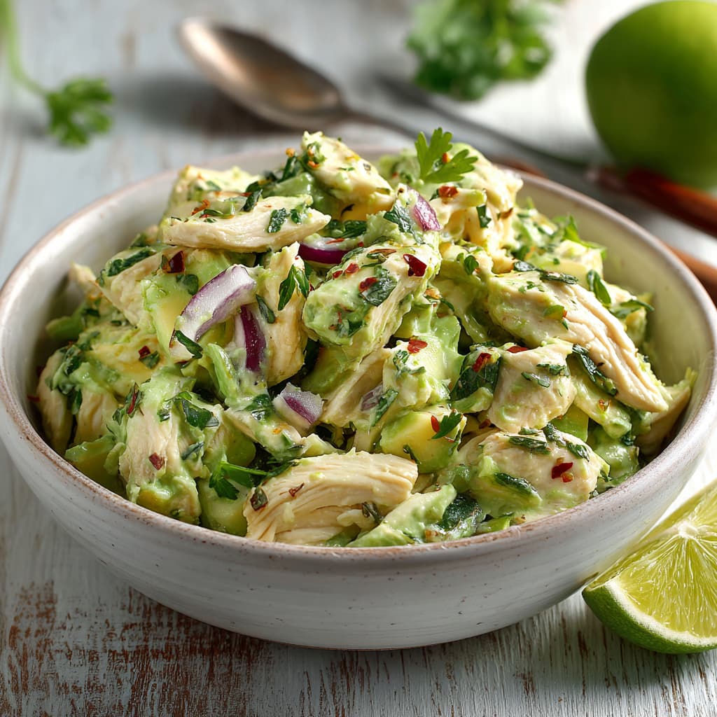 Avocado chicken salad with shredded chicken, creamy dressing, celery, red onion, and herbs in a white bowl