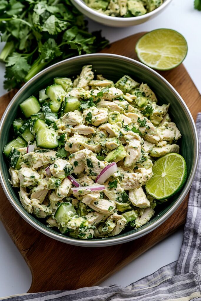High-protein avocado chicken salad with lime and cilantro in a bowl, topped with fresh vegetables and herbs